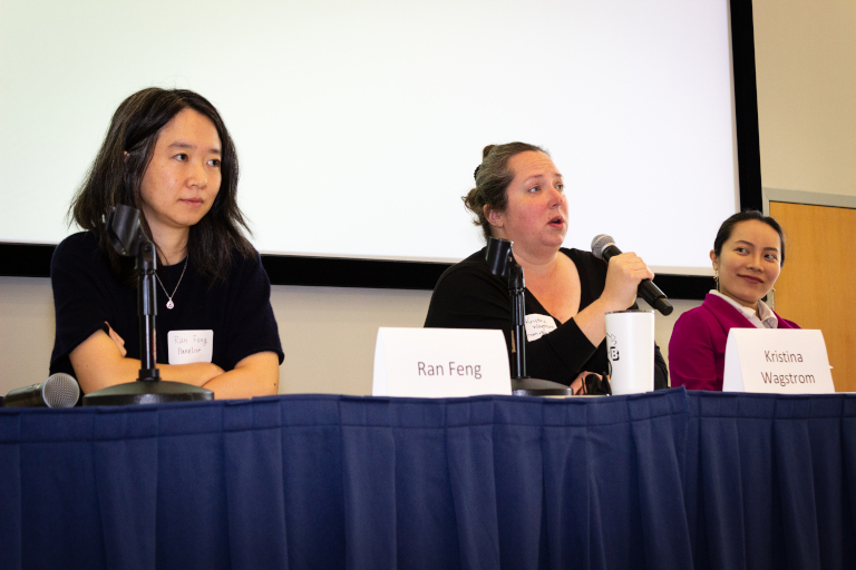 Panelists Ran Feng, Kristina Wagstrom, and Zongjie Wang during the Women in STEM Frontiers in Research Expo